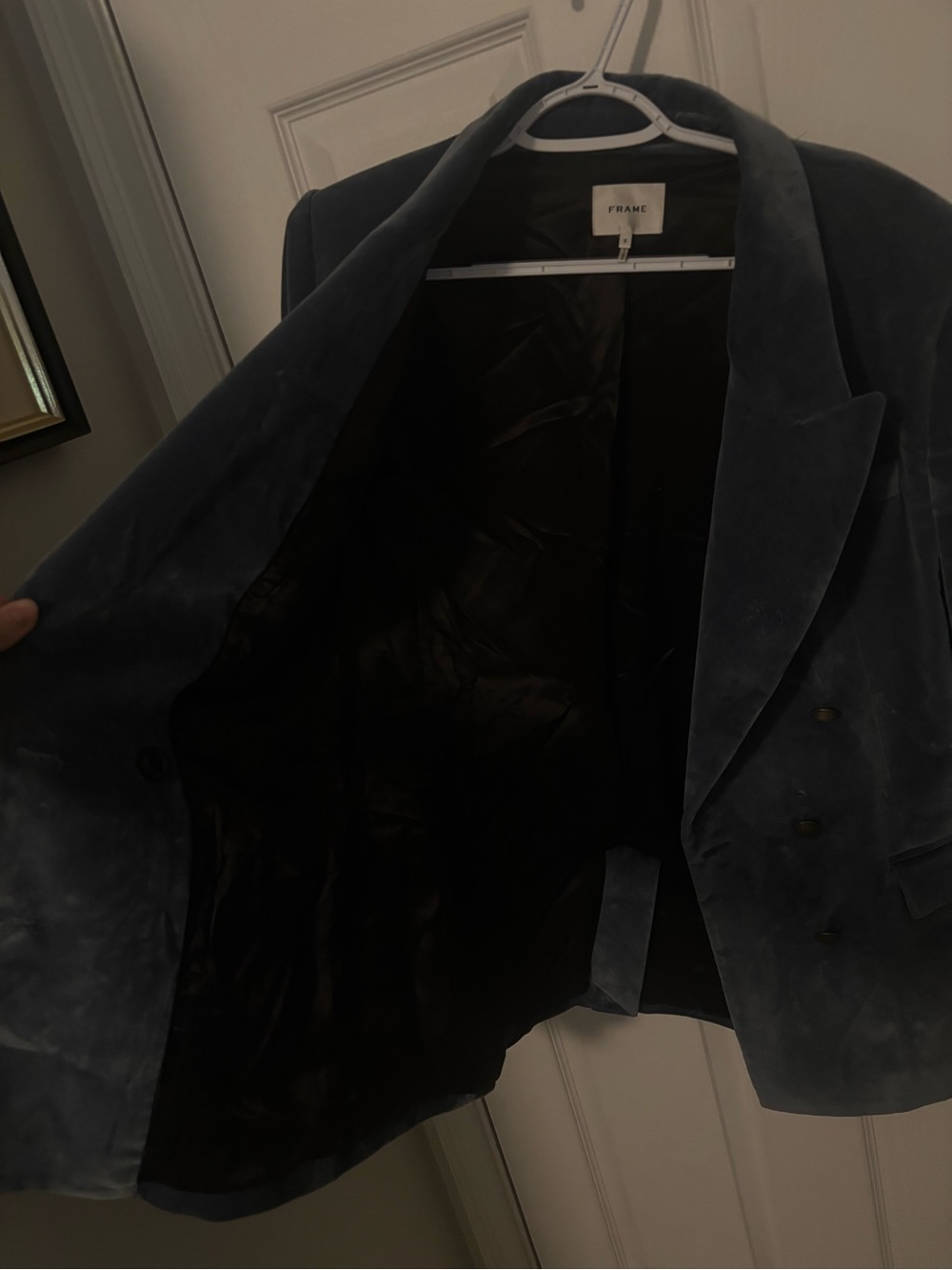 FRAME Double-Breasted Cotton-Blend Velvet Blazer Blue with Gold Accents Size 6 - Picture 15 of 15